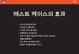 기




테스트 켶이스의 효과
 - 수정 시의 생산성 향상
 - 버그잡기가 빨라진다.
 - 시스템 구조가 좋아진다.
 - 리펙토링이 가능해 진다.
 - 전체 시스템의 이해 없이 부분의 수정이 가능하다.
 - 샘플로 활용된다.
 - 코드 리뷰 시의 부담이 준다.
 - 설계와 구현을 분리할 수 있다.
 