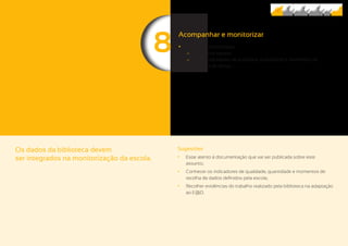 88
Os dados da biblioteca devem
ser integrados na monitorização da escola.
Sugestões
	• Estar atento à documentação que vai ser publicada sobre este
assunto;
	• Conhecer os indicadores de qualidade, quantidade e momentos de
recolha de dados definidos pela escola;
	• Recolher evidências do trabalho realizado pela biblioteca na adaptação
ao E@D.
Acompanhar e monitorizar
	• Prever a monitorização:
	− Criar uma equipa;
	− Criar indicadores de qualidade, quantidade e momentos de
recolha de dados.
 