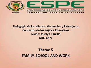 Pedagogía de los Idiomas Nacionales y Extranjeros
Contextos de los Sujetos Educativos
Name: Joselyn Carrillo
NRC: 8871
Theme 5
FAMILY, SCHOOL AND WORK
 