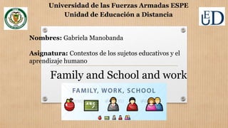 Universidad de las Fuerzas Armadas ESPE
Unidad de Educación a Distancia
Nombres: Gabriela Manobanda
Asignatura: Contextos de los sujetos educativos y el
aprendizaje humano
Family and School and work
 