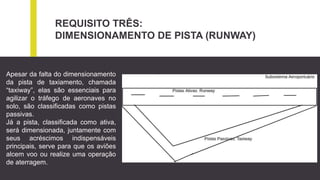REQUISITO TRÊS:
DIMENSIONAMENTO DE PISTA (RUNWAY)
Apesar da falta do dimensionamento
da pista de taxiamento, chamada
“taxiway”, elas são essenciais para
agilizar o tráfego de aeronaves no
solo, são classificadas como pistas
passivas.
Já a pista, classificada como ativa,
será dimensionada, juntamente com
seus acréscimos indispensáveis
principais, serve para que os aviões
alcem voo ou realize uma operação
de aterragem.
 