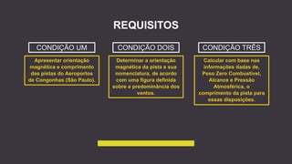 REQUISITOS
CONDIÇÃO UM
Apresentar orientação
magnética e comprimento
das pistas do Aeroportos
de Congonhas (São Paulo).
CONDIÇÃO DOIS
Determinar a orientação
magnética da pista e sua
nomenclatura, de acordo
com uma figura definida
sobre a predominância dos
ventos.
CONDIÇÃO TRÊS
Calcular com base nas
informações dadas de,
Peso Zero Combustível,
Alcance e Pressão
Atmosférica, o
comprimento da pista para
essas disposições.
 
