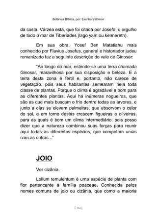 Botânica Bíblica, por: Escriba Valdemir
da costa. Várzea esta, que foi citada por Josefo, o orgulho
de todo o mar de Tiberíades (lago yam ou kennereth).
Em sua obra, Yosef Ben Matatiahu mais
conhecido por Flavius Josefus, general e historiador judeu
romanizado faz a seguinte descrição do vale de Ginosar:
“Ao longo do mar, estende-se uma terra chamada
Ginosar, maravilhosa por sua disposição e beleza. E a
terra desta zona é fértil e, portanto, não carece de
vegetação, pois seus habitantes semearam nela toda
classe de plantas. Porque o clima é agradável e bom para
as diferentes plantas. Aqui há inúmeras nogueiras, que
são as que mais buscam o frio dentre todas as árvores, e
junto a elas se elevam palmeiras, que absorvem o calor
do sol, e em torno destas crescem figueiras e oliveiras,
para as quais é bom um clima intermediário, pois posso
dizer que a natureza combinou suas forças para reunir
aqui todas as diferentes espécies, que competem umas
com as outras...”
JOIO
Ver cizânia.
Lolium temulentum é uma espécie de planta com
flor pertencente à família poaceae. Conhecida pelos
nomes comuns de joio ou cizânia, que como a maioria
[ 114 ]
 