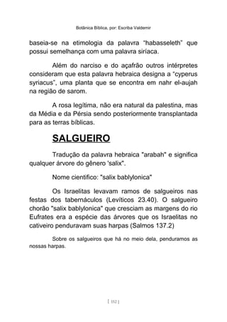 Botânica Bíblica, por: Escriba Valdemir
baseia-se na etimologia da palavra “habasseleth” que
possui semelhança com uma palavra siríaca.
Além do narciso e do açafrão outros intérpretes
consideram que esta palavra hebraica designa a “cyperus
syriacus”, uma planta que se encontra em nahr el-aujah
na região de sarom.
A rosa legítima, não era natural da palestina, mas
da Média e da Pérsia sendo posteriormente transplantada
para as terras bíblicas.
SALGUEIRO
Tradução da palavra hebraica "arabah" e significa
qualquer árvore do gênero 'salix".
Nome cientifico: "salix bablylonica"
Os Israelitas levavam ramos de salgueiros nas
festas dos tabernáculos (Levíticos 23.40). O salgueiro
chorão "salix bablylonica" que cresciam as margens do rio
Eufrates era a espécie das árvores que os Israelitas no
cativeiro penduravam suas harpas (Salmos 137.2)
Sobre os salgueiros que há no meio dela, penduramos as
nossas harpas.
[ 152 ]
 