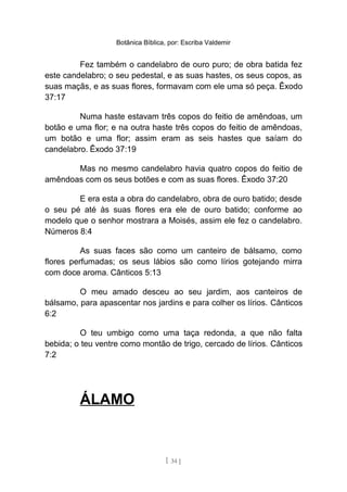 Botânica Bíblica, por: Escriba Valdemir
Fez também o candelabro de ouro puro; de obra batida fez
este candelabro; o seu pedestal, e as suas hastes, os seus copos, as
suas maçãs, e as suas flores, formavam com ele uma só peça. Êxodo
37:17
Numa haste estavam três copos do feitio de amêndoas, um
botão e uma flor; e na outra haste três copos do feitio de amêndoas,
um botão e uma flor; assim eram as seis hastes que saíam do
candelabro. Êxodo 37:19
Mas no mesmo candelabro havia quatro copos do feitio de
amêndoas com os seus botões e com as suas flores. Êxodo 37:20
E era esta a obra do candelabro, obra de ouro batido; desde
o seu pé até às suas flores era ele de ouro batido; conforme ao
modelo que o senhor mostrara a Moisés, assim ele fez o candelabro.
Números 8:4
As suas faces são como um canteiro de bálsamo, como
flores perfumadas; os seus lábios são como lírios gotejando mirra
com doce aroma. Cânticos 5:13
O meu amado desceu ao seu jardim, aos canteiros de
bálsamo, para apascentar nos jardins e para colher os lírios. Cânticos
6:2
O teu umbigo como uma taça redonda, a que não falta
bebida; o teu ventre como montão de trigo, cercado de lírios. Cânticos
7:2
ÁLAMO
[ 34 ]
 
