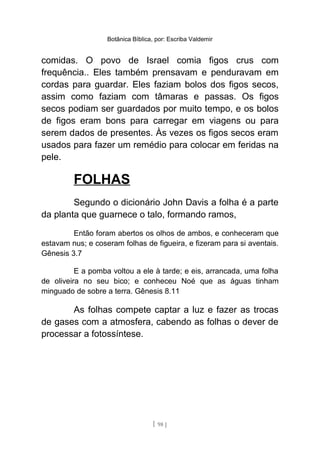 Botânica Bíblica, por: Escriba Valdemir
comidas. O povo de Israel comia figos crus com
frequência.. Eles também prensavam e penduravam em
cordas para guardar. Eles faziam bolos dos figos secos,
assim como faziam com tâmaras e passas. Os figos
secos podiam ser guardados por muito tempo, e os bolos
de figos eram bons para carregar em viagens ou para
serem dados de presentes. Às vezes os figos secos eram
usados para fazer um remédio para colocar em feridas na
pele.
FOLHAS
Segundo o dicionário John Davis a folha é a parte
da planta que guarnece o talo, formando ramos,
Então foram abertos os olhos de ambos, e conheceram que
estavam nus; e coseram folhas de figueira, e fizeram para si aventais.
Gênesis 3.7
E a pomba voltou a ele à tarde; e eis, arrancada, uma folha
de oliveira no seu bico; e conheceu Noé que as águas tinham
minguado de sobre a terra. Gênesis 8.11
As folhas compete captar a luz e fazer as trocas
de gases com a atmosfera, cabendo as folhas o dever de
processar a fotossíntese.
[ 98 ]
 