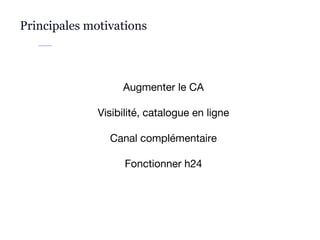 Principales motivations
Augmenter le CA
Visibilité, catalogue en ligne
Canal complémentaire
Fonctionner h24
 