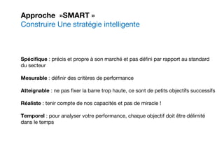 Spécifique : précis et propre à son marché et pas défini par rapport au standard
du secteur
Mesurable : définir des critères de performance
Atteignable : ne pas fixer la barre trop haute, ce sont de petits objectifs successifs
Réaliste : tenir compte de nos capacités et pas de miracle !
Temporel : pour analyser votre performance, chaque objectif doit être délimité
dans le temps
Approche »SMART »
Construire Une stratégie intelligente
 