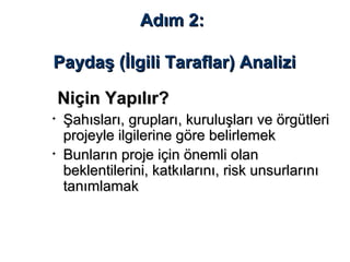 AdımAdım 22::
Paydaş (Paydaş (İlgili Taraflarİlgili Taraflar)) AnalAnaliziizi
Niçin Yapılır?Niçin Yapılır?
• Şahısları, grupları, kuruluşları ve örgütleriŞahısları, grupları, kuruluşları ve örgütleri
projeyle ilgilerine göre belirlemekprojeyle ilgilerine göre belirlemek
• Bunların proje için önemli olanBunların proje için önemli olan
beklentilerini, katkılarını, risk unsurlarınıbeklentilerini, katkılarını, risk unsurlarını
tanımlamaktanımlamak
 