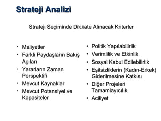 StrateStratejiji AnaliziAnalizi
• MaliyetlerMaliyetler
• Farklı Paydaşların BakışFarklı Paydaşların Bakış
AçılarıAçıları
• Yararların ZamanYararların Zaman
PerspektifiPerspektifi
• Mevcut KaynaklarMevcut Kaynaklar
• Mevcut Potansiyel veMevcut Potansiyel ve
KapasitelerKapasiteler
Strateji Seçiminde Dikkate Alınacak KriterlerStrateji Seçiminde Dikkate Alınacak Kriterler
• Politik YapılabilirlikPolitik Yapılabilirlik
• Verimlilik ve EtkinlikVerimlilik ve Etkinlik
• Sosyal Kabul EdilebilirlikSosyal Kabul Edilebilirlik
• Eşitsizliklerin (Kadın-Erkek)Eşitsizliklerin (Kadın-Erkek)
Giderilmesine KatkısıGiderilmesine Katkısı
• Diğer ProjeleriDiğer Projeleri
TamamlayıcılıkTamamlayıcılık
• AciliyetAciliyet
 
