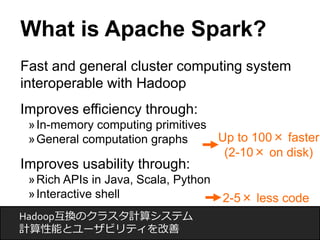 What is Apache Spark? 
Fast and general cluster computing system 
interoperable with Hadoop 
Improves efficiency through: ...