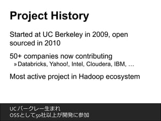 Project History 
Started at UC Berkeley in 2009, open 
sourced in 2010 
50+ companies now contributing 
»Databricks, Yahoo...