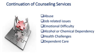 Continuation of Counseling Services
Abuse
Job related issues
Emotional Difficulty
Alcohol or Chemical Dependency
Health Challenges
Dependent Care
 