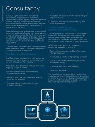 8 I Airswift Capability Statement
Consultancy
In today’s highly competitive recruitment
environment, companies need more than a
traditional recruitment agency. They need a partner
that can source an international and flexible
workforce in a collaborative and strategic way, and
assist in the management and co-ordination of
people around the world.
Airswift’s Consultancy services draw on decades of
experience and lessons learned from being a prime
or sole manpower vendor to clients worldwide. We
provide the trusted expertise and support that our
clients are looking for to help them manage their
workforce in the most cost-effective and efficient
way possible.
Our consultants collaborate with clients to manage
every aspect of a project’s personnel requirements.
Our Consultancy services include:
Total Talent and Talent Mapping
Total Talent helps clients achieve cost savings by
ensuring their current rates of remuneration are in
line with rates across their industry.
Airswift also provides clients with real-time talent
mapping. This gives clients:
• Visibility of talent pools within peer and
	 competitor companies
• Ability to select the best candidates and not
	 just the most available
• Live salary benchmarking data for each
	 engaged candidate
• Perception information, directly from the target 		
	 employee market
• Clarity and consistency when marketing their 		
	 brand and activities.
Contractor and Executive
Compensation Benchmarking
Airswift can provide an overview of pay rates for
contractors across the industries we serve. The
service covers rates paid for more than 500
disciplines in 50 countries, and takes into account
more than 20 salary types and 50 company types.
A fully integrated workforce compensation
benchmark gives clients access to:
• ‘Real time’ compensation and benefits market 		
	 intelligence globally
• A consultative, holistic and pragmatic approach
• Over 500,000 contactable employees readily 		
	 available for survey
• Qualitative and quantitative reporting
• Perception feedback
For executive compensation benchmarking, our
executive search arm Ducatus Partners, draws from
an extensive network of industry executives to offer
bespoke, real time studies that can be tailored to
the exact requirements of our clients.
Compensation
and Beneﬁts
Talent
Mapping
Total Talent
Consultancy
CapabilityStatement
 
