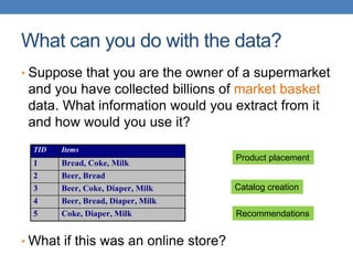 What can you do with the data?
• Suppose that you are the owner of a supermarket
and you have collected billions of market basket
data. What information would you extract from it
and how would you use it?
• What if this was an online store?
TID Items
1 Bread, Coke, Milk
2 Beer, Bread
3 Beer, Coke, Diaper, Milk
4 Beer, Bread, Diaper, Milk
5 Coke, Diaper, Milk
Product placement
Catalog creation
Recommendations
 