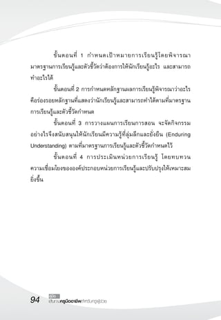 94 เส้นทางครูมืออาชีพสำหรับครูผู้ช่วย
คู่มือ
	 ขั้นตอนที่ 1 กำหนดเป้าหมายการเรียนรู้โดยพิจารณา
มาตรฐานการเรียนรู้และตัวชี้วัดว่าต้องการให้นักเรียนรู้อะไร และสามารถ
ทำอะไรได้
	 ขั้นตอนที่ 2 การกำหนดหลักฐานผลการเรียนรู้พิจารณาว่าอะไร
คือร่องรอยหลักฐานที่แสดงว่านักเรียนรู้และสามารถทำได้ตามที่มาตรฐาน
การเรียนรู้และตัวชี้วัดกำหนด
	 ขั้นตอนที่ 3 การวางแผนการเรียนการสอน จะจัดกิจกรรม
อย่างไรจึงสนับสนุนให้นักเรียนมีความรู้ที่ลุ่มลึกและยั่งยืน (Enduring
Understanding) ตามที่มาตรฐานการเรียนรู้และตัวชี้วัดกำหนดไว้
	 ขั้นตอนที่ 4 การประเมินหน่วยการเรียนรู้ โดยทบทวน

ความเชื่อมโยงขององค์ประกอบหน่วยการเรียนรู้และปรับปรุงให้เหมาะสม
ยิ่งขึ้น
 
