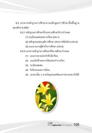 105เส้นทางครูมืออาชีพสำหรับครูผู้ช่วย
คู่มือ
	 6.2	เอกสารหลักฐานการศึกษาตามหลักสูตรการศึกษาขั้นพื้นฐาน
พุทธศักราช 2551
	 6.2.1	หลักฐานการศึกษาที่กระทรวงศึกษาธิการกำหนด
	 	 (1)	ระเบียนแสดงผลการเรียน (ปพ.1)
	 	 (2)	หลักฐานแสดงวุฒิการศึกษา (ประกาศนียบัตร) (ปพ.2)
	 	 (3)	แบบรายงานผู้สำเร็จการศึกษา (ปพ.3)
	 6.2.2	เอกสารหลักฐานการศึกษาที่สถานศึกษากำหนด
	 	 (1) 	แบบรายงานประจำตัวนักเรียน
	 	 (2) 	แบบบันทึกผลการเรียนประจำรายวิชา
	 	 (3) 	ระเบียนสะสม
	 	 (4) 	ใบรับรองผลการเรียน
	 	 (5) 	เอกสารอื่น ๆ ตามวัตถุประสงค์ของการนำเอกสารไปใช้
 