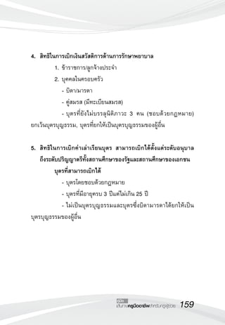 159เส้นทางครูมืออาชีพสำหรับครูผู้ช่วย
คู่มือ
4.	 สิทธิในการเบิกเงินสวัสดิการด้านการรักษาพยาบาล
	 1.	ข้าราชการ/ลูกจ้างประจำ
	 2.	บุคคลในครอบครัว 
	 	 -	บิดา/มารดา
	 	 -	คู่สมรส (มีทะเบียนสมรส)
	 	 -	บุตรที่ยังไม่บรรลุนิติภาวะ 3 คน (ชอบด้วยกฏหมาย)
ยกเว้นบุตรบุญธรรม, บุตรที่ยกให้เป็นบุตรบุญธรรมของผู้อื่น

5.	 สิทธิในการเบิกค่าเล่าเรียนบุตร สามารถเบิกได้ตั้งแต่ระดับอนุบาล

ถึงระดับปริญญาตรีทั้งสถานศึกษาของรัฐและสถานศึกษาของเอกชน
	 บุตรที่สามารถเบิกได้	 
	 	 -	บุตรโดยชอบด้วยกฎหมาย	 
	 	 -	บุตรที่มีอายุครบ 3 ปีแต่ไม่เกิน 25 ปี
	 	 -	ไม่เป็นบุตรบุญธรรมและบุตรซึ่งบิดามารดาได้ยกให้เป็น
บุตรบุญธรรมของผู้อื่น
 