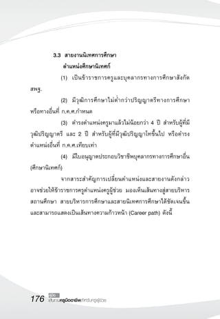 176 เส้นทางครูมืออาชีพสำหรับครูผู้ช่วย
คู่มือ
	 3.3		 สายงานนิเทศการศึกษา
	 	 ตำแหน่งศึกษานิเทศก์
	 	 (1)		เป็นข้าราชการครูและบุคลากรทางการศึกษาสังกัด
สพฐ.
	 	 (2)		มีวุฒิการศึกษาไม่ต่ำกว่าปริญญาตรีทางการศึกษา
หรือทางอื่นที่ ก.ค.ศ.กำหนด
	 	 (3)		ดำรงตำแหน่งครูมาแล้วไม่น้อยกว่า 4 ปี สำหรับผู้ที่มี
วุฒิปริญญาตรี และ 2 ปี สำหรับผู้ที่มีวุฒิปริญญาโทขึ้นไป หรือดำรง
ตำแหน่งอื่นที่ ก.ค.ศ.เทียบเท่า
	 	 (4)		มีใบอนุญาตประกอบวิชาชีพบุคลากรทางการศึกษาอื่น
(ศึกษานิเทศก์)
	 	 จากสาระสำคัญการเปลี่ยนตำแหน่งและสายงานดังกล่าว
อาจช่วยให้ข้าราชการครูตำแหน่งครูผู้ช่วย มองเห็นเส้นทางสู่สายบริหาร
สถานศึกษา สายบริหารการศึกษาและสายนิเทศการศึกษาได้ชัดเจนขึ้น
และสามารถแสดงเป็นเส้นทางความก้าวหน้า (Career path) ดังนี้




 