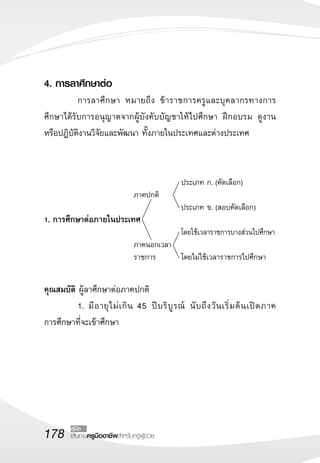 178 เส้นทางครูมืออาชีพสำหรับครูผู้ช่วย
คู่มือ
4. การลาศึกษาต่อ 
	 การลาศึกษา หมายถึง ข้าราชการครูและบุคลากรทางการ
ศึกษาได้รับการอนุญาตจากผู้บังคับบัญชาให้ไปศึกษา ฝึกอบรม ดูงาน
หรือปฏิบัติงานวิจัยและพัฒนา ทั้งภายในประเทศและต่างประเทศ

				 
		 ประเภท ก. (คัดเลือก)
	 ภาคปกติ	 	
	 	 ประเภท ข. (สอบคัดเลือก)
1. การศึกษาต่อภายในประเทศ						
		 โดยใช้เวลาราชการบางส่วนไปศึกษา
	 ภาคนอกเวลา
	 ราชการ	 โดยไม่ใช้เวลาราชการไปศึกษา

คุณสมบัติ ผู้ลาศึกษาต่อภาคปกติ
	 1.	มีอายุไม่เกิน 45 ปีบริบูรณ์ นับถึงวันเริ่มต้นเปิดภาค

การศึกษาที่จะเข้าศึกษา
 