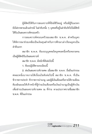 211เส้นทางครูมืออาชีพสำหรับครูผู้ช่วย
คู่มือ
	 ผู้มีสิทธิได้รับการสงเคราะห์ที่ยังมีชีวิตอยู่ หรือมีผู้รับมรดก
	
ยังไม่ขาดสายแล้วแต่กรณี ในลำดับหนึ่ง ๆ บุคคลที่อยู่ในลำดับถัดไปไม่มีสิทธิ
ได้รับเงินสงเคราะห์ครอบครัว 
	 การสงเคราะห์ครอบครัวของสมาชิก ช.พ.ค. สำหรับบุตร
	
ให้พิจารณาช่วยเหลือเป็นเงินทุนสำหรับการศึกษาเล่าเรียนบุตรเป็น
	
ลำดับแรก
	 สมาชิก ช.พ.ค. ต้องระบุบุคคลใดบุคคลหนึ่งหรือหลายคน 
	
เป็นผู้มีสิทธิรับเงินสงเคราะห์
	 สมาชิก ช.พ.ค. มีหน้าที่ดังต่อไปนี้
	 1.	ต้องปฏิบัติตามระเบียบนี้
	 2.	ส่งเงินสงเคราะห์รายศพ เมื่อสมาชิก ช.พ.ค. อื่นถึงแก่กรรม
ศพละหนึ่งบาทภายใต้เงื่อนไขดังต่อไปนี้ สมาชิก ช.พ.ค. ที่เป็น
ข้าราชการประจำ ข้าราชการบำนาญ และผู้มีเงินเดือนหรือรายได้รายเดือน
ต้องยินยอมให้เจ้าหน้าที่ผู้จ่ายเงินเดือนหรือเงินบำนาญเป็นผู้หักเงิน
	
เพื่อชำระเงินสงเคราะห์รายศพ ณ ที่จ่าย ตามประกาศรายชื่อสมาชิก
ช.พ.ค. ที่ถึงแก่กรรม

 