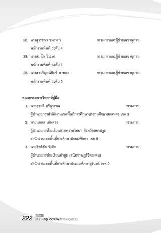 222 เส้นทางครูมืออาชีพสำหรับครูผู้ช่วย
คู่มือ
	28.	นางสุวรรณา ชนะมาร	 กรรมการและผู้ช่วยเลขานุการ
	 	พนักงานพิมพ์ ระดับ 4
	29.	นางสมนึก วิระษร	 กรรมการและผู้ช่วยเลขานุการ
	 	พนักงานพิมพ์ ระดับ 4
	28.	นางสาวกัญจน์นิกข์ สาทอง	 กรรมการและผู้ช่วยเลขานุการ
	 	พนักงานพิมพ์ ระดับ 3
		
คณะกรรมการวิพากษ์คู่มือ
	 1.	นายสุชาติ ศรีสุวรรณ	 กรรมการ
		 ผู้อำนวยการสำนักงานเขตพื้นที่การศึกษาประถมศึกษาสกลนคร เขต 3
	 2.	นายนภดล เด่นดวง	 กรรมการ
		 ผู้อำนวยการโรงเรียนสามพรานวิทยา จังหวัดนครปฐม
		 สำนักงานเขตพื้นที่การศึกษามัธยมศึกษา เขต 9
	 3. 	นายสิทธิชัย รังสัย	 กรรมการ
		ผู้อำนวยการโรงเรียนท่าตูม (สนิทราษฎร์วิทยาคม)
		สำนักงานเขตพื้นที่การศึกษาประถมศึกษาสุรินทร์ เขต 2
 