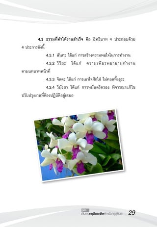 29เส้นทางครูมืออาชีพสำหรับครูผู้ช่วย
คู่มือ
	 4.3	 ธรรมที่ทำให้งานสำเร็จ คือ อิทธิบาท 4 ประกอบด้วย 

4 ประการดังนี้
	 	 4.3.1	ฉันทะ ได้แก่ การสร้างความพอใจในการทำงาน
	 	 4.3.2	วิริยะ ได้แก่ ความเพียรพยายามทำงาน

ตามบทบาทหน้าที่
	 	 4.3.3	จิตตะ ได้แก่ การเอาใจฝักใฝ่ ไม่ทอดทิ้งธุระ
	 	 4.3.4	วิมังสา ได้แก่ การหมั่นตริตรอง พิจารณาแก้ไข
ปรับปรุงงานที่ต้องปฏิบัติอยู่เสมอ
 