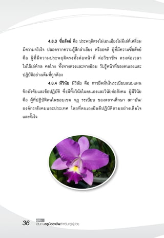 36 เส้นทางครูมืออาชีพสำหรับครูผู้ช่วย
คู่มือ
 		 4.8.3	ซื่อสัตย์ คือ ประพฤติตรงไม่เอนเอียงไม่มีเล่ห์เหลี่ยม
มีความจริงใจ ปลอดจากความรู้สึกลำเอียง หรืออคติ ผู้ที่มีความซื่อสัตย์
คือ ผู้ที่มีความประพฤติตรงทั้งต่อหน้าที่ ต่อวิชาชีพ ตรงต่อเวลา 

ไม่ใช้เล่ห์กล คดโกง ทั้งทางตรงและทางอ้อม รับรู้หน้าที่ของตนเองและ
ปฏิบัติอย่างเต็มที่ถูกต้อง
 	 	 4.8.4	มีวินัย มีวินัย คือ การยึดมั่นในระเบียบแบบแผน
ข้อบังคับและข้อปฏิบัติ ซึ่งมีทั้งวินัยในตนเองและวินัยต่อสังคม ผู้มีวินัย
คือ ผู้ที่ปฏิบัติตนในขอบเขต กฎ ระเบียบ ของสถานศึกษา สถาบัน/
องค์กร/สังคมและประเทศ โดยที่ตนเองยินดีปฏิบัติตามอย่างเต็มใจ 

และตั้งใจ
 