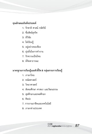 87เส้นทางครูมืออาชีพสำหรับครูผู้ช่วย
คู่มือ
คุณลักษณะอันพึงประสงค์
	 1.	รักชาติ ศาสน์ กษัตริย์	 
	 2.	ซื่อสัตย์สุจริต
	 3.	มีวินัย		
	 4.	ใฝ่เรียนรู้
	 5.	อยู่อย่างพอเพียง 	 
	 6.	มุ่งมั่นในการทำงาน
	 7.	รักความเป็นไทย	 
	 8.	มีจิตสาธารณะ

มาตรฐานการเรียนรู้และตัวชี้วัด 8 กลุ่มสาระการเรียนรู้
	 1.	ภาษาไทย
	 2.	คณิตศาสตร์	
	 3.	วิทยาศาสตร์	 
	 4.	สังคมศึกษา ศาสนา และวัฒนธรรม	 	 
	 5.	สุขศึกษาและพลศึกษา
	 6.	ศิลปะ
	 7. การงานอาชีพและเทคโนโลยี	 	 
	 8.	ภาษาต่างประเทศ
 