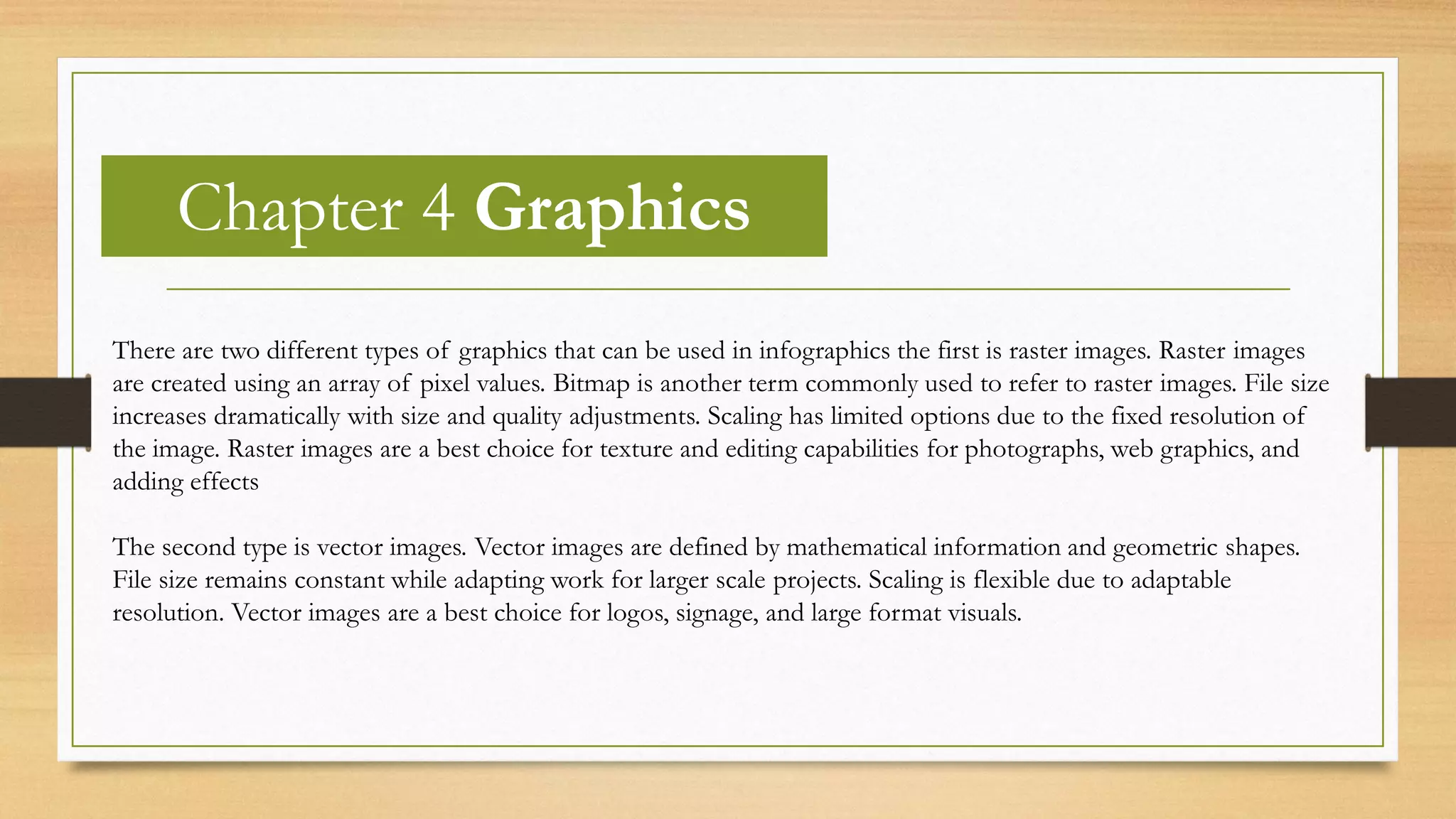 Chapter 4 Graphics
There are two different types of graphics that can be used in infographics the first is raster images. Raster images
are created using an array of pixel values. Bitmap is another term commonly used to refer to raster images. File size
increases dramatically with size and quality adjustments. Scaling has limited options due to the fixed resolution of
the image. Raster images are a best choice for texture and editing capabilities for photographs, web graphics, and
adding effects
The second type is vector images. Vector images are defined by mathematical information and geometric shapes.
File size remains constant while adapting work for larger scale projects. Scaling is flexible due to adaptable
resolution. Vector images are a best choice for logos, signage, and large format visuals.
 