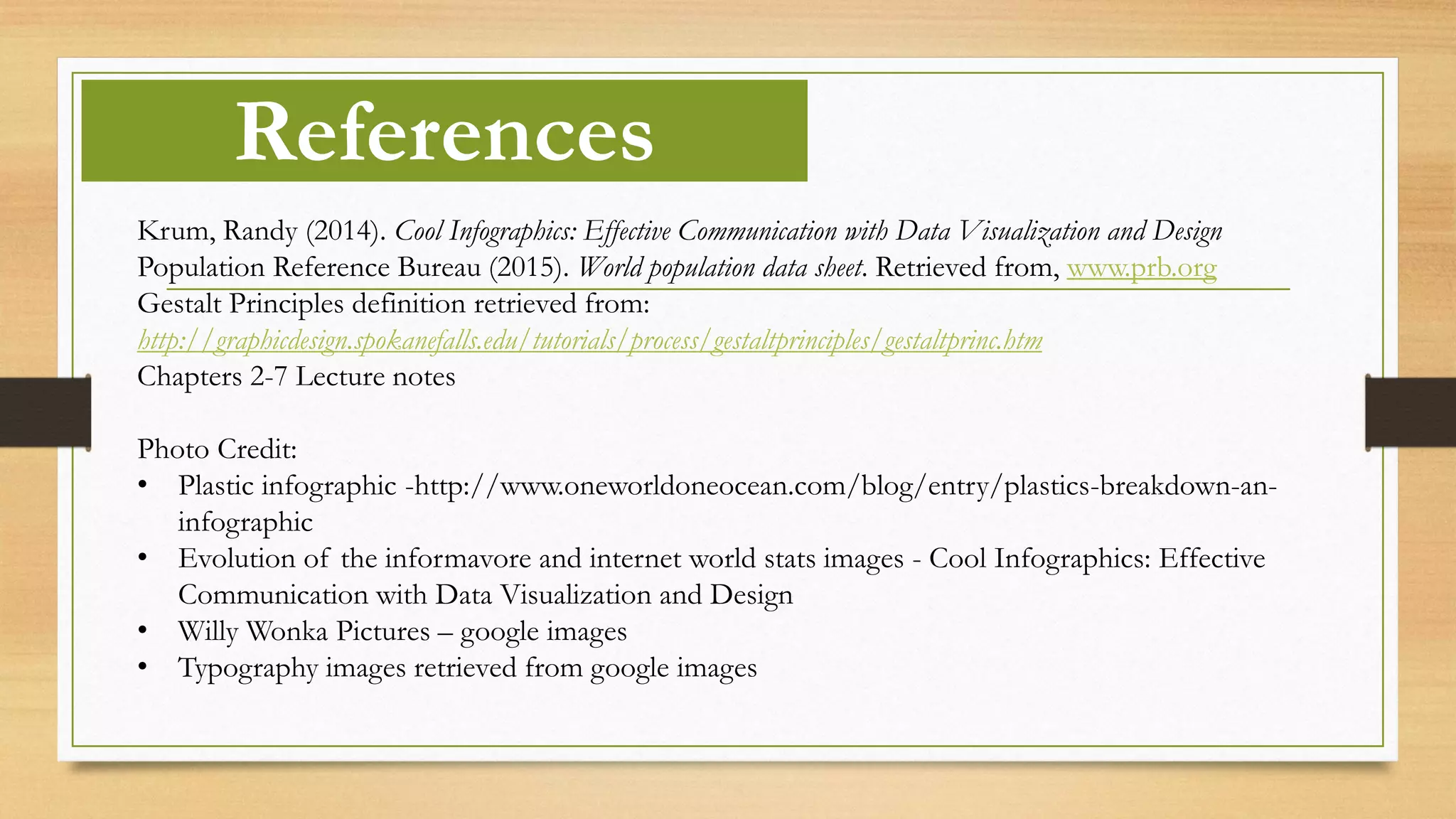 References
Krum, Randy (2014). Cool Infographics: Effective Communication with Data Visualization and Design
Population Reference Bureau (2015). World population data sheet. Retrieved from, www.prb.org
Gestalt Principles definition retrieved from:
http://graphicdesign.spokanefalls.edu/tutorials/process/gestaltprinciples/gestaltprinc.htm
Chapters 2-7 Lecture notes
Photo Credit:
• Plastic infographic -http://www.oneworldoneocean.com/blog/entry/plastics-breakdown-an-
infographic
• Evolution of the informavore and internet world stats images - Cool Infographics: Effective
Communication with Data Visualization and Design
• Willy Wonka Pictures – google images
• Typography images retrieved from google images
 