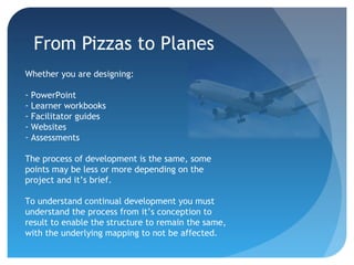 From Pizzas to Planes
Whether you are designing:
- PowerPoint
- Learner workbooks
- Facilitator guides
- Websites
- Assessments
The process of development is the same, some
points may be less or more depending on the
project and it’s brief.
To understand continual development you must
understand the process from it’s conception to
result to enable the structure to remain the same,
with the underlying mapping to not be affected.
 