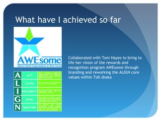 What have I achieved so far
Collaborated with Toni Hayes to bring to
life her vision of the rewards and
recognition program AWEsome through
branding and reworking the ALIGN core
values within Toll dnata
 