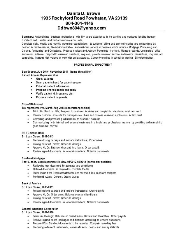 resume for patient access representative