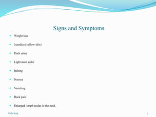 Signs and Symptoms
 Weight loss
 Juandice (yellow skin)
 Dark urine
 Light stool color
 Itching
 Nausea
 Vomiting
 Back pain
 Enlarged lymph nodes in the neck
6/16/2015 3
 