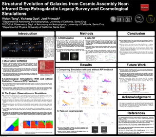 Structural Evolution of Galaxies from Cosmic Assembly Near-
infrared Deep Extragalactic Legacy Survey and Cosmological
Simulations
Vivian Tang1, Yicheng Guo2, Joel Primack3
1 Department of Astronomy and Astrophysics, University of California, Santa Cruz
2 UCO/Lick Observatory, Dept. of Astronomy and Astrophysics, University of California, Santa Cruz
3 Department of Physics, University of California, Santa Cruz
Introduction Methods
Results
Conclusion
Future Work
Acknowledgement
The main motivation for this project is to systematically compare projected axis ratio distributions under random
viewing angles in simulated galaxies to those of the observed galaxies which have unknown viewing angles. In
particular, we focus on galaxies in the range of redshift 1 to 3 in both simulation and observation.
In both observations and simulations, wealth of data allow us to do statistical studies. By looking at how the
distributions change over cosmic time, we can statistically determine how the shape and formation of galaxies
evolve.
Study done previously by van der Wel et al. have shown that observed galaxies in the lower-mass range from
CANDELS are elongated, rather than disk-like or spheroidal, and the axial ratio is skewed for higher redshift
galaxies.
To investigate this observation, we obtain the axis ratio distributions from simulated galaxies as a function of
redshift, stellar mass, size, and Sersic index with and without RP feedback and compare to those found by van
der Wel et al.
We suspect that simulated galaxies with RP feedback represent observation more correctly, thus we will also
compare the axis ratio distributions of simulated galaxies with and without RP feedback to see how RP feedback
affect each of the parameters. A subset of 35 different simulations with and without RP feedback is used for
analysis.
III. The Project: Observations vs. Simulations
T o u n d e r s t a n d
s t r u c t u r a l a n d
m o r p h o l o g i c a l
e v o l u t i o n o f
galaxies, we need to
look far back in time
and compare the
differences between
older and younger
galaxies.
Early star forming
g a l a x i e s h a v e
distorted, irregular
appearance while
present day star
forming galaxies
tend be flat disks
a n d h a v e s p i r a l
arms.
I. Observation: CANDELS
II. Cosmological Simulations: With and without
Radiative Pressure (RP) Feedback
References
I. CANDELization
High resolution images of simulated galaxies need to go
through a process called CANDELization before the analysis.
To CANDELized an image, the Sunrise radiative transfer code
is applied, as well as the Point Spread Function for the
relevant Hubble Space Telescope observations. Noise is also
added and the end result is an image with the same resolution
to those of the observed galaxies from Hubble Space
Telescope.
It is necessary for simulated images to be CANDELized since
in reality we do not observe distant galaxies with high
resolution.
II. GALFIT
After CANDELizing images, GALFIT, a data analysis algorithm that fits
2D analytic functions to galaxies, is used for image analysis. Each
function in GALFIT corresponds to a component that creates a model
for image fitting. For this project we have chosen to use a single
component fit.
Output from GALFIT contains best fit parameters which can be used
for statistical studies. These include the Sersic index, axis ratio, and
effective radius.
The Sersic index describes radial distribution of light; the effective
radius is defined as containing half of the total luminosity from the
galaxy, and the axis ratio is simply the minor axis divided by major
axis.
FIGURE 3: Model shape parameter defined by colour [4]
Determine whether simulations with RF is a more accurate representation
than those without RF by comparing findings to the axis ratio distributions
obtained previously by van der Wel et al.
To obtain axis ratio as a function of stellar mass and redshift of simulated
galaxies, in those that have been analyzed for this project as well as other
simulations by Daniel Ceverino et al. to see whether lower-mass galaxies
are elongated as observed by CANDELS.
Galaxies used for this project were selected based on acceptable
uncertainties from GALFIT. We will compare those uncertainties for the face-
on and edge-on galaxies to determine whether it has an effect on our
previous selections.
CANDLES is the largest project in history of Hubble Space Telescope with 902
assigned orbits of observing time. Equivalent to observing 4 months
consecutively, it captures images of galaxies far in deep space at high redshifts
as well as those in the local universe.
In astronomy, redshift is used to determine how far objects are in the skies. By
measuring the wavelength of emitted light from stars and galaxies, astronomer
can determine their ages, speeds, and distances away from us. The higher the
redshift, the further away they are from us.
From observation, galaxies from early epochs were smaller than present day.
They were bluer than older galaxies as the stars were younger and hotter than
older galaxies, which tend to be redder.
All simulated galaxies with and without RP feedback by Daniel Ceverino et al. [3] were done using the ART code
with resolution of 17-34 pc. In these simulations, all the input physics are known and galaxies can be viewed
under different orientations.
In galaxy simulations, an effect of RP feedback is to suppress star formation. Those that were simulated without
the mechanism of RP feedback tend to overproduce stars, which does not match well with observations. And
those that were simulated using RP feedback produced less stars, by about a factor of 2 at all redshifts.
FIGURE 1: Hubble Sequence; dividing galaxies into groups based on visual appearance. [1]
FIGURE 2: Relationship between
redshift and age of galaxies. [2]
FIGURE 4: van der Wel et al. have shown that lower-mass galaxies at higher
redshift are more elongated [4]
FIGURE 5: Before (left) and after (right) CANDELization
FIGURE6: Elliptical like
structure corresponds to a
Sersic index value of n=4.
Spiral, bulgeless disk like
structure corresponds to a
Sersic index value of n=1. [5]
FIGURE7: Axis ratio=b/a. [6]
I. Comparing Simulation with and without RP feedback
II. Face-on viewing angle
VELA04 VELA04MRP
We have chosen images of galaxies with face-on orientation which
would yield a higher axis ratio if they are disk-like or spherical, and a
lower axis ratio if they are elongated.
Images of face-on galaxies (VLEA04 and VELA04MRP) where the
axis ratios were measured to be the lowest.
For the effective radius, each of the three pairs of simulations (with and
without radiative pressure feedback) provides different indications as to
how the size evolves over time.
The axis ratios are generally lower for the RP simulations for z > 1.5; this
might be relevant to comparison with the van der Wel et al. observations.
For the face-on viewing angle, axis ratios decrease towards higher
redshifts. Although this is similar to van der Wel et al. observations, more
analysis are needed for verification.
More data analysis between simulations with and without RP are required
in order to determine how much RF changes the structure and morphology
of galaxies.
FIGURE 8: Axis ratio distributions of star forming galaxies from CANDELS. [4]
0 0.5 1 1.5 2 2.5
0
1
2
3
4
5
6
7
VELA04
VELA04MRP
Z
SersicIndex
0 0.5 1 1.5 2 2.5
0
0.1
0.2
0.3
0.4
0.5
0.6
0.7
0.8
0.9
1
VELA04
VELA04MRP
Z
AxisRatio
0 0.5 1 1.5 2 2.5
0
2
4
6
8
10
12
14
VELA04
VELA04MRP
Z
EffectiveRadius
0 0.5 1 1.5 2 2.5 3 3.5 4
0
1
2
3
4
VELA15
VELA15MRP
Z
SersicIndex
0 0.5 1 1.5 2 2.5 3 3.5 4
0
0.1
0.2
0.3
0.4
0.5
0.6
0.7
0.8
0.9
1
VELA15
VELA15MRP
Z
AxisRatio
0 0.5 1 1.5 2 2.5 3 3.5 4
0
2
4
6
8
10
12
VELA15
VELA15MRP
Z
EffectiveRadius
0 0.5 1 1.5 2 2.5 3 3.5 4
0
0.1
0.2
0.3
0.4
0.5
0.6
0.7
0.8
0.9
1
Face-on
VELA02
VELA02MRP
Z
AxisRatio
0 0.5 1 1.5 2 2.5
0
0.1
0.2
0.3
0.4
0.5
0.6
0.7
0.8
0.9
1
Face-onVELA04
VELA04MRP
Z
AxisRatio
0 0.5 1 1.5 2 2.5 3 3.5
0
0.1
0.2
0.3
0.4
0.5
0.6
0.7
0.8
0.9
1
Face-on
VELA15
VELA15MRP
Z
AxisRatio
0 0.5 1 1.5 2 2.5 3
0
1
2
3
4
5
6
VELA02
VELA02MRP
Z
SersicIndex
0 0.5 1 1.5 2 2.5 3
0
0.1
0.2
0.3
0.4
0.5
0.6
0.7
0.8
0.9
1
VELA02
VELA02MRP
Z
AxisRatio
0 0.5 1 1.5 2 2.5 3
0
1
2
3
4
5
6
7
8
9
VELA02
VELA02MRP
Z
EffectiveRadius
[1] “CANDELS galaxies reveal the Hubble Sequence throughout the Universe's
history”. August 2013. ESA/Hubble Press Release (http://spacetelescope.org/
images/heic1315e/).
[2] Sandra M. Faber, Henry C. Ferguson, David C. Koo, Joel R. Primack & Trudy E.
Bell. “Staring Back to Cosmic Dawn”. June 2014. Sky & Telescope (http://
hipacc.ucsc.edu/NewsArchive/June2014-S&T-CANDELS-CoverStory.pdf).
[3] Daniel Ceverino et al. 2014, Radiative feedback and the low efficiency of
galaxy formation in low-mass haloes at high redshift, MNRAS 442, 1545.
[4] A. van der Wel 2014, Geometry of Star-forming Galaxies from SDSS, 3D-HST,
and CANDELS, arXiv:1407.4233.
[5] Chien Y. Peng. August 2003. GALFIT User’s Manual (http://
users.obs.carnegiescience.edu/peng/work/galfit/README.pdf).
[6] Amit6. “Ellipse axis.svg”. April 2009. Wikimedia Commons (http://
commons.wikimedia.org/wiki/File:Ellipse_axis.svg).
This research is supported by the Julie Packard Summer Scholarship and the
Ron Ruby Memorial Scholarship. Special thanks to postdoc Yicheng Guo
here at UCSC for his great assistance with GALFIT and also to Professor
Primack for his invaluable advice and support.
VELA simulations do not have RP feedback. VELAMRP simulations have RP feedback.
Sunday, January 18, 2015
 