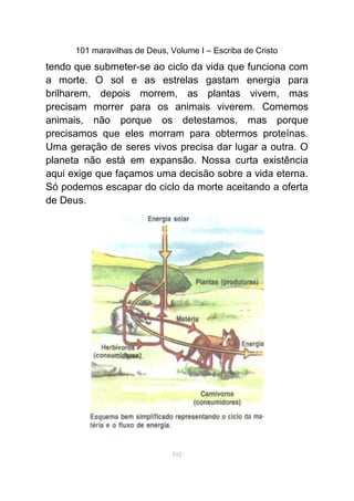 101 maravilhas de Deus, Volume I – Escriba de Cristo
tendo que submeter-se ao ciclo da vida que funciona com
a morte. O sol e as estrelas gastam energia para
brilharem, depois morrem, as plantas vivem, mas
precisam morrer para os animais viverem. Comemos
animais, não porque os detestamos, mas porque
precisamos que eles morram para obtermos proteínas.
Uma geração de seres vivos precisa dar lugar a outra. O
planeta não está em expansão. Nossa curta existência
aqui exige que façamos uma decisão sobre a vida eterna.
Só podemos escapar do ciclo da morte aceitando a oferta
de Deus.
102
 