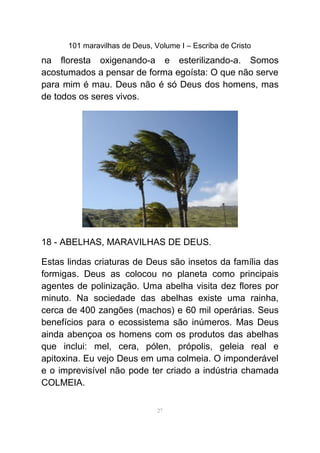 101 maravilhas de Deus, Volume I – Escriba de Cristo
na floresta oxigenando-a e esterilizando-a. Somos
acostumados a pensar de forma egoísta: O que não serve
para mim é mau. Deus não é só Deus dos homens, mas
de todos os seres vivos.
18 - ABELHAS, MARAVILHAS DE DEUS.
Estas lindas criaturas de Deus são insetos da família das
formigas. Deus as colocou no planeta como principais
agentes de polinização. Uma abelha visita dez flores por
minuto. Na sociedade das abelhas existe uma rainha,
cerca de 400 zangões (machos) e 60 mil operárias. Seus
benefícios para o ecossistema são inúmeros. Mas Deus
ainda abençoa os homens com os produtos das abelhas
que inclui: mel, cera, pólen, própolis, geleia real e
apitoxina. Eu vejo Deus em uma colmeia. O imponderável
e o imprevisível não pode ter criado a indústria chamada
COLMEIA.
27
 