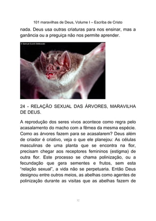 101 maravilhas de Deus, Volume I – Escriba de Cristo
nada. Deus usa outras criaturas para nos ensinar, mas a
ganância ou a preguiça não nos permite aprender.
24 - RELAÇÃO SEXUAL DAS ÁRVORES, MARAVILHA
DE DEUS.
A reprodução dos seres vivos acontece como regra pelo
acasalamento do macho com a fêmea da mesma espécie.
Como as árvores fazem para se acasalarem? Deus além
de criador é criativo, veja o que ele planejou: As células
masculinas de uma planta que se encontra na flor,
precisam chegar aos receptores femininos (estigma) de
outra flor. Este processo se chama polinização, ou a
fecundação que gera sementes e frutos, sem esta
“relação sexual”, a vida não se perpetuaria. Então Deus
designou entre outros meios, as abelhas como agentes de
polinização durante as visitas que as abelhas fazem de
32
 