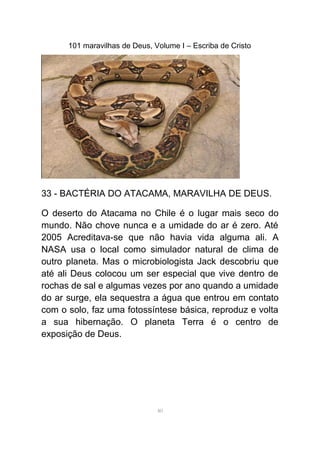 101 maravilhas de Deus, Volume I – Escriba de Cristo
33 - BACTÉRIA DO ATACAMA, MARAVILHA DE DEUS.
O deserto do Atacama no Chile é o lugar mais seco do
mundo. Não chove nunca e a umidade do ar é zero. Até
2005 Acreditava-se que não havia vida alguma ali. A
NASA usa o local como simulador natural de clima de
outro planeta. Mas o microbiologista Jack descobriu que
até ali Deus colocou um ser especial que vive dentro de
rochas de sal e algumas vezes por ano quando a umidade
do ar surge, ela sequestra a água que entrou em contato
com o solo, faz uma fotossíntese básica, reproduz e volta
a sua hibernação. O planeta Terra é o centro de
exposição de Deus.
40
 