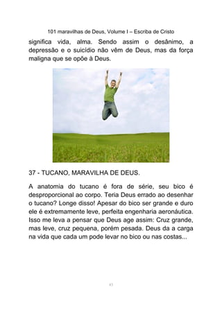 101 maravilhas de Deus, Volume I – Escriba de Cristo
significa vida, alma. Sendo assim o desânimo, a
depressão e o suicídio não vêm de Deus, mas da força
maligna que se opõe à Deus.
37 - TUCANO, MARAVILHA DE DEUS.
A anatomia do tucano é fora de série, seu bico é
desproporcional ao corpo. Teria Deus errado ao desenhar
o tucano? Longe disso! Apesar do bico ser grande e duro
ele é extremamente leve, perfeita engenharia aeronáutica.
Isso me leva a pensar que Deus age assim: Cruz grande,
mas leve, cruz pequena, porém pesada. Deus da a carga
na vida que cada um pode levar no bico ou nas costas...
43
 