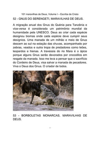 101 maravilhas de Deus, Volume I – Escriba de Cristo
52 - GNUS DO SERENGETI, MARAVILHAS DE DEUS.
A migração anual dos Gnus do Quénia para Tanzânia e
vice-versa é considerada um patrimônio mundial da
humanidade pela UNESCO. Deus ao criar cada espécie
designou biomas onde cada espécie deve cumprir seus
desígnios. Uma manada de um milhão e meio de Gnus
descem ao sul na estação das chuvas, acompanhado por
zebras, veados e outra tropa de predadores como leões,
leopardos e hienas. A travessia do rio Mara é o ápice
porque alguns Gnus serão devorados por crocodilos em
resgate da manada. Isso me leva a pensar que o sacrifício
do Cordeiro de Deus, visa salvar a manada de pecadores.
Viva o Deus dos Gnus. O criador de todos.
53 - BORBOLETAS MONARCAS, MARAVILHAS DE
DEUS.
59
 