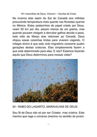 101 maravilhas de Deus, Volume I – Escriba de Cristo
No inverno elas saem do Sul do Canadá aos milhões
procurando temperatura mais quente nas florestas oyamel
no México. Estes pedacinhos de papel criado por Deus,
voam 50 km por dia, pesam menos de um grama, mas
quando pousam chegam a derrubar galhos devido o peso,
todo mês de Março elas retornam ao Canadá. Deus
chipou essas coisinhas lindas para viverem viajando. O
milagre divino é que este ciclo migratório consome quatro
gerações destas criaturas. Elas simplesmente fazem o
que está determinado para elas. E nós? Estamos fazendo
aquilo que Deus determinou para nossas vidas?
54 - RABO DO LAGARTO, MARAVILHAS DE DEUS.
Sou fã de Deus não só por ser Criador, mas criativo. Este
menino que rege o universo (menino no sentido de jovem.
60
 