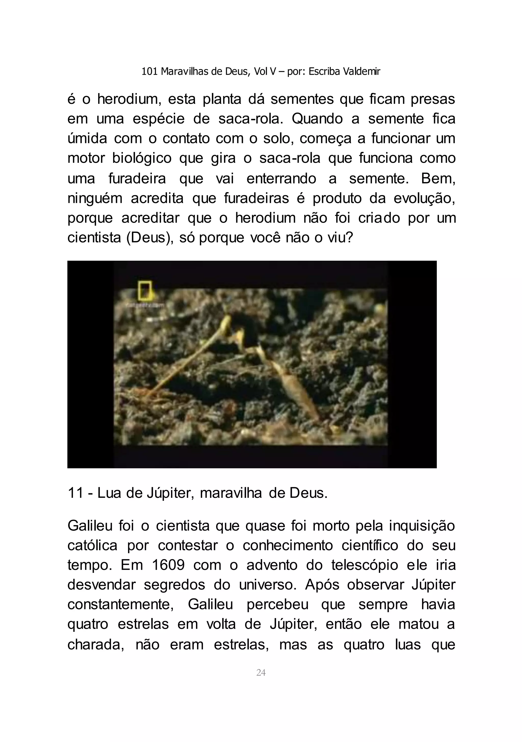 101 Maravilhas de Deus, Vol V – por: Escriba Valdemir
24
é o herodium, esta planta dá sementes que ficam presas
em uma espécie de saca-rola. Quando a semente fica
úmida com o contato com o solo, começa a funcionar um
motor biológico que gira o saca-rola que funciona como
uma furadeira que vai enterrando a semente. Bem,
ninguém acredita que furadeiras é produto da evolução,
porque acreditar que o herodium não foi criado por um
cientista (Deus), só porque você não o viu?
11 - Lua de Júpiter, maravilha de Deus.
Galileu foi o cientista que quase foi morto pela inquisição
católica por contestar o conhecimento científico do seu
tempo. Em 1609 com o advento do telescópio ele iria
desvendar segredos do universo. Após observar Júpiter
constantemente, Galileu percebeu que sempre havia
quatro estrelas em volta de Júpiter, então ele matou a
charada, não eram estrelas, mas as quatro luas que
 