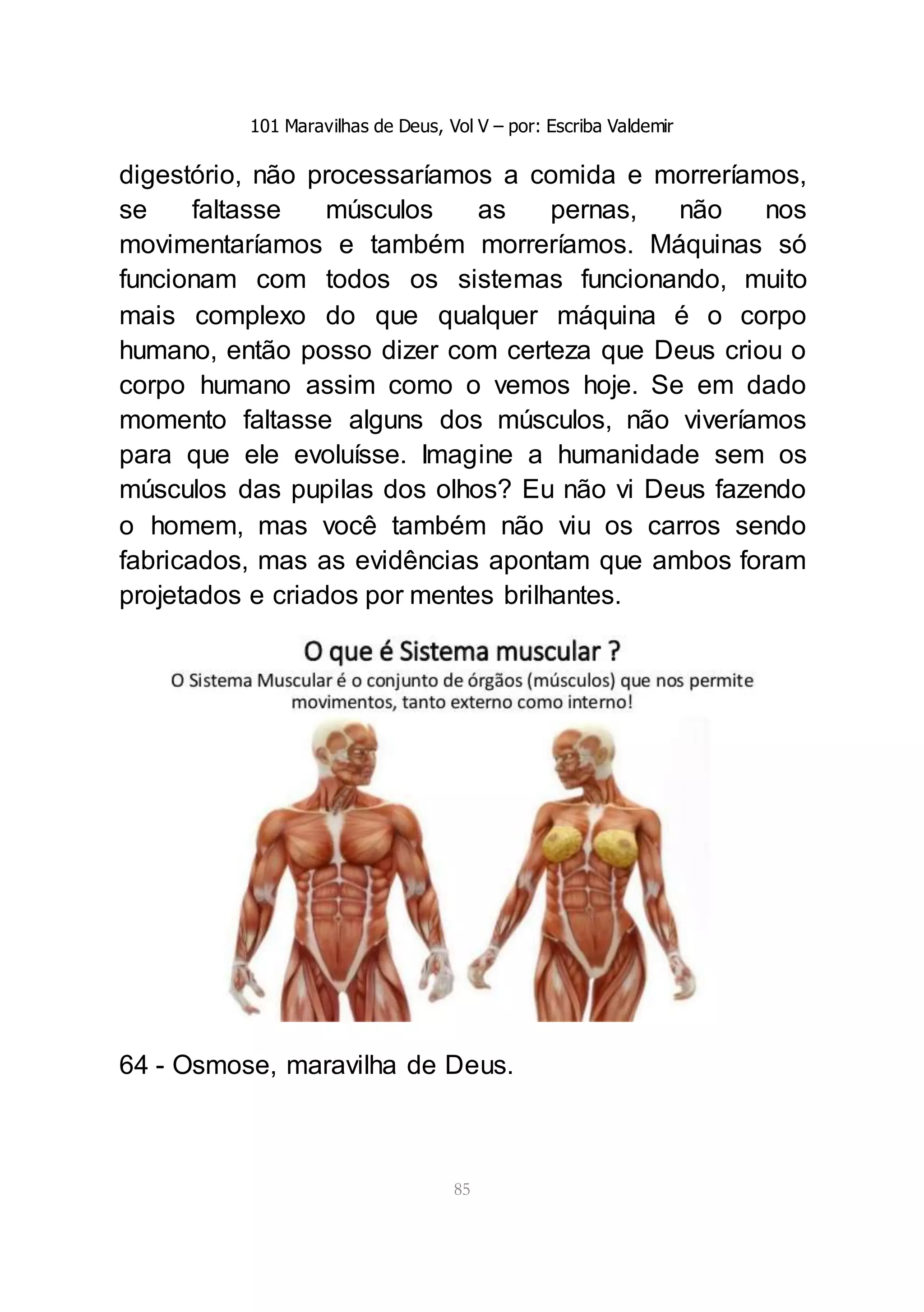 101 Maravilhas de Deus, Vol V – por: Escriba Valdemir
85
digestório, não processaríamos a comida e morreríamos,
se faltasse músculos as pernas, não nos
movimentaríamos e também morreríamos. Máquinas só
funcionam com todos os sistemas funcionando, muito
mais complexo do que qualquer máquina é o corpo
humano, então posso dizer com certeza que Deus criou o
corpo humano assim como o vemos hoje. Se em dado
momento faltasse alguns dos músculos, não viveríamos
para que ele evoluísse. Imagine a humanidade sem os
músculos das pupilas dos olhos? Eu não vi Deus fazendo
o homem, mas você também não viu os carros sendo
fabricados, mas as evidências apontam que ambos foram
projetados e criados por mentes brilhantes.
64 - Osmose, maravilha de Deus.
 