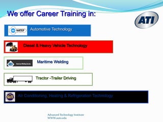 We offer Career Training in:
Maritime Welding
Automotive Technology
Diesel & Heavy Vehicle Technology
Tractor -Trailer Driving
Air Conditioning, Heating & Refrigeration Technology
Advanced Technology Institute
WWW.auto.edu
 