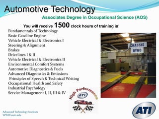 Associates Degree in Occupational Science (AOS)
Automotive Technology
You will receive 1500 clock hours of training in:
Fundamentals of Technology
Basic Gasoline Engine
Vehicle Electrical & Electronics I
Steering & Alignment
Brakes
Drivelines I & II
Vehicle Electrical & Electronics II
Environmental Comfort Systems
Automotive Diagnostics & Fuels
Advanced Diagnostics & Emissions
Principles of Speech & Technical Writing
Occupational Health and Safety
Industrial Psychology
Service Management I, II, III & IV
Advanced Technology Institute
WWW.auto.edu
 