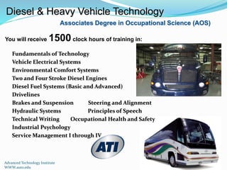 Associates Degree in Occupational Science (AOS)
Diesel & Heavy Vehicle Technology
You will receive 1500 clock hours of training in:
Fundamentals of Technology
Vehicle Electrical Systems
Environmental Comfort Systems
Two and Four Stroke Diesel Engines
Diesel Fuel Systems (Basic and Advanced)
Drivelines
Brakes and Suspension Steering and Alignment
Hydraulic Systems Principles of Speech
Technical Writing Occupational Health and Safety
Industrial Psychology
Service Management I through IV
Advanced Technology Institute
WWW.auto.edu
 
