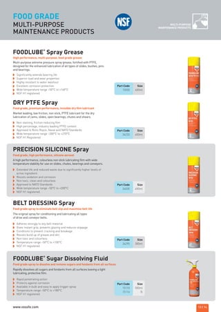 FOOD GRADE
MULTI-PURPOSE
MAINTENANCE PRODUCTS
MULTI-PURPOSE
MAINTENANCE PRODUCTS
Market leading, low friction, non stick, PTFE lubricant for the dry
lubrication of cams, slides, open bearings, chutes and shears.
Food grade, premium performance, invisible dry film lubricant
Food grade, high performance, silicone aerosol
DRY PTFE Spray
Non staining, friction reducing film
High percentage, industry leading PTFE content
Approved to Rolls Royce, Naval and NATO Standards
Wide temperature range –200°C to +270°C
NSF H1 Registered
PRECISION SILICONE Spray
Part Code Size
34035 400ml
Part Code Size
34235 400ml
Part Code Size
34295 300ml
Part Code Size
15110 500ml
15116 5l
Extended life and reduced waste due to significantly higher levels of
active ingredient.
Resists oxidation and corrosion
Non toxic, clean and colourless
Approved to NATO Standards
Wide temperature range –50°C to +200°C
NSF H1 registered.
Food grade spray to eliminate belt slip and maximise belt life
BELT DRESSING Spray
Adheres strongly to any belt material
Gives instant grip, prevents glazing and reduces slippage
Conditions to prevent cracking and breakage
Resists build up of grease and dirt
Non toxic and colourless
Temperature range –50°C to +100°C
NSF H1 registered
A high performance, colourless non stick lubricating film with wide
temperature stability for use on slides, chutes, bearings and conveyors.
The original spray for conditioning and lubricating all types
of drive and conveyor belts.
Food grade spray to dissolve and remove sugars and fondants from all surfaces
FOODLUBE
®
Sugar Dissolving Fluid
Rapid penetrating action
Protects against corrosion
Available in bulk and easy to apply trigger spray
Temperature range –50°C to +180°C
NSF H1 registered.
Rapidly dissolves all sugars and fondants from all surfaces leaving a light
lubricating, protective film.
Part Code Size
15030 400ml
Multi-purpose extreme pressure spray grease, fortified with PTFE,
designed for the enhanced lubrication of all types of slides, bushes, pins
and bearings.
High performance, multi-purpose, food grade grease
FOODLUBE
®
Spray Grease
Significantly extends bearing life
Superior load and wear properties
Highly resistant to water washout
Excellent corrosion protection
Wide temperature range –50°C to +160°C
NSF H1 registered
13 | 14
ROCOL maintenance 3 no gas and plumbing:Layout 1 28/4/10 10:00 Page 17
www.vossfe.com
 