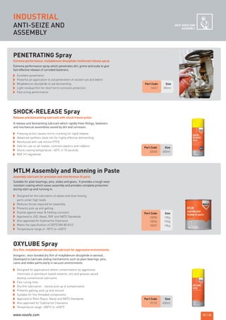 Part Code Size
14021 300ml
ANTI-SEIZE AND
ASSEMBLY
ANTI-SEIZE AND
ASSEMBLY
Extreme performance, molybdenum disulphide reinforced release spray
Release and dismantling lubricant with shock freeze action
PENETRATING Spray
Excellent penetration
Powerful jet application to aid penetration of seized rust and debris
Molybdenum disulphide to aid dismantling
Light residual film for short term corrosion protection
Fast acting performance
SHOCK-RELEASE Spray
Part Code Size
32040 400ml
Freezing action causes micro-cracking for rapid release
Advanced synthetic base oils for highly effective dismantling
Reinforced with sub micron PTFE
Safe for use on all metals, common plastics and rubbers
Shock cooling temperature –40°C in 10 seconds
NSF H1 registered
Assembly lubricant for precision and interference fit parts
MTLM Assembly and Running in Paste
Part Code Size
10050 100g
10056 750g
10057 18kg
Designed for the lubrication of valves and slow moving
parts under high loads
Reduces forces required for assembly
Prevents pick up and galling
Guards against wear & fretting corrosion
Approved to JSD, Naval, RAF and NATO Standards
Also approved for Submarine Clearance
Meets the specification of DEFSTAN 80-81/2
Temperature range of –50°C to +450°C
Dry film, molybdenum disulphide lubricant for aggressive environments
OXYLUBE Spray
Part Code Size
10125 400ml
Designed for applications where contamination by aggressive
chemicals or petroleum based solvents; oils and greases would
destroy conventional lubricants
Fast curing time
Dry film lubrication - resists pick up of contaminants
Prevents galling, pick up and seizure
Suitable for fine threaded components
Approved to Rolls Royce, Naval and NATO Standards
Also approved for Submarine Clearance
Temperature range –200°C to +450°C
INDUSTRIAL
25 | 26
Extreme performance spray which penetrates dirt, grime and scale to give
fast effective release of corroded fasteners.
A release and dismantling lubricant which rapidly frees fittings, fasteners
and mechanical assemblies seized by dirt and corrosion.
Suitable for plain bearings, pins, slides and gears. It provides a tough wear
resistant coating which eases assembly and provides complete protection
during start up and running in.
Inorganic, resin bonded dry film of molybdenum disulphide in aerosol.
Developed to lubricate sliding mechanisms such as plain bearings, pins,
cams and slides particularly in vacuum environments
sembly and Running in Paste
ROCOL maintenance 3 no gas and plumbing:Layout 1 28/4/10 10:01 Page 29
www.vossfe.com
 